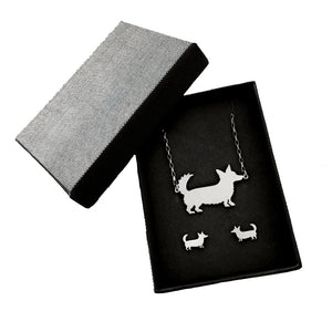Corgi Necklace and Stud Earrings SET - Silver/14K Gold-Plated |Cardigan