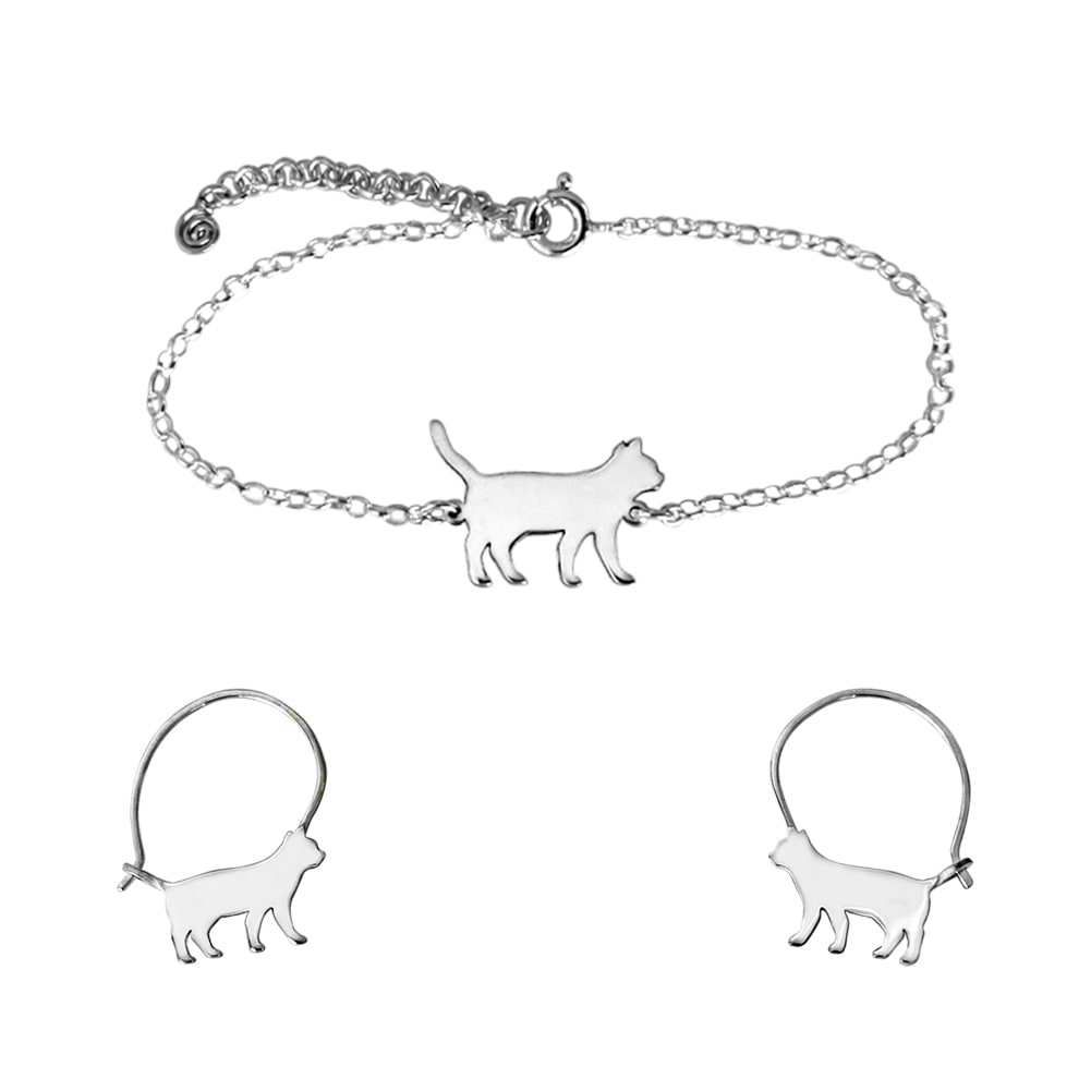 Cat Bracelet and Hoop Earrings SET - Silver - WeeShopyDog