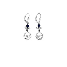 Load image into Gallery viewer, Dachshund Dangle Earrings - Silver and Lapis/Grey Pearl |Dog Circle - WeeShopyDog