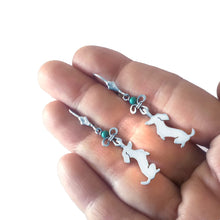 Load image into Gallery viewer, Dachshund Dangle Leverback Earrings - Silver Turquoise |Sit-up - WeeShopyDog
