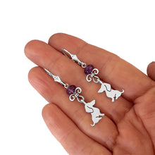 Load image into Gallery viewer, Dachshund Dangle Leverback Earrings - Silver Amethyst |Sweet - WeeShopyDog