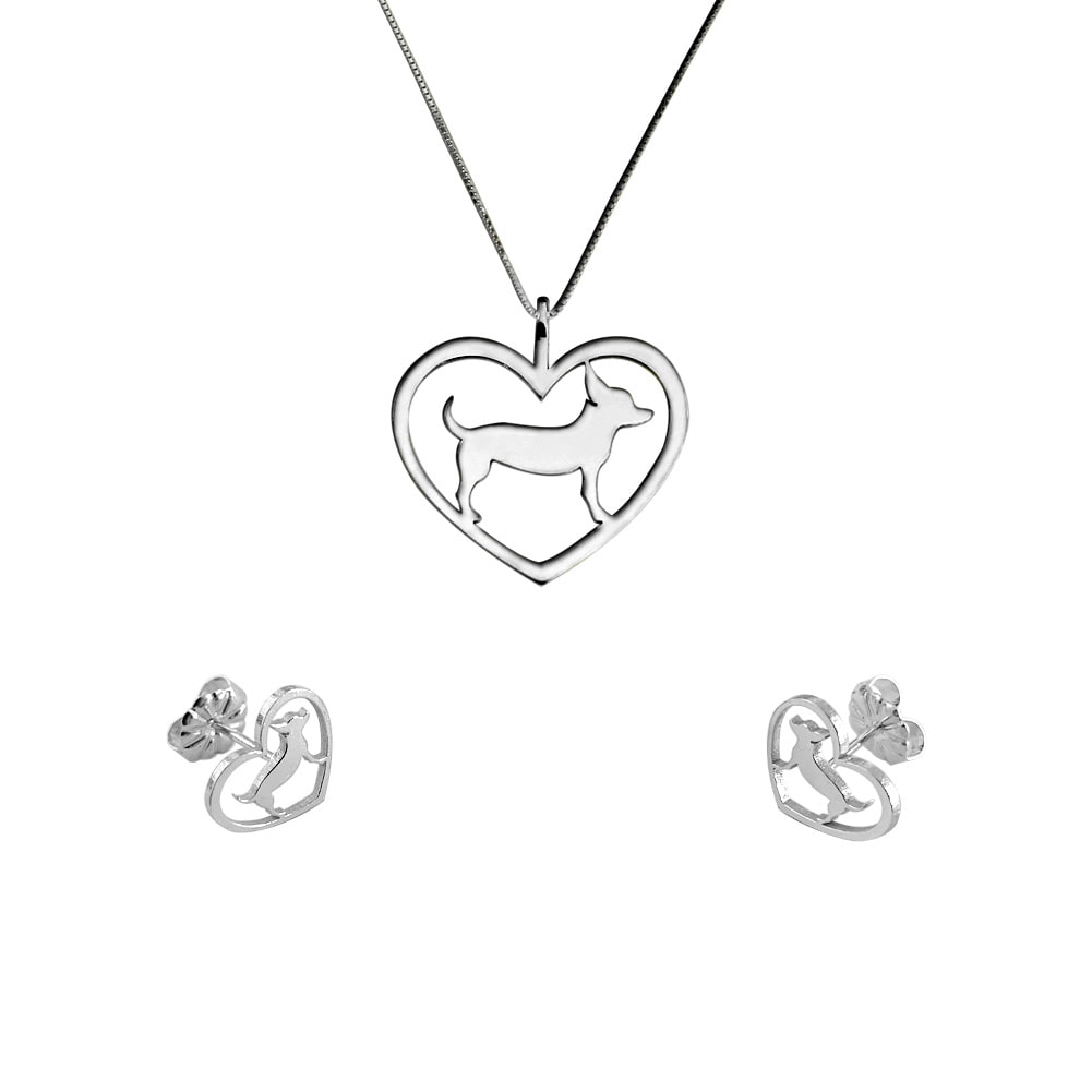 Chihuahua Necklace and Stud Earrings SET - Silver/14K Gold-Plated |Heart
