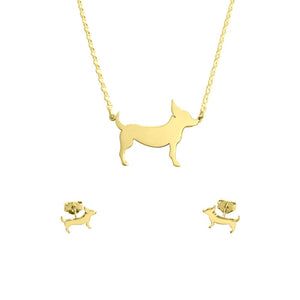 Chihuahua Necklace and Stud Earrings SET - Silver/14K Gold-Plated |Line