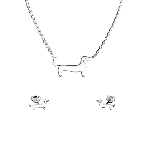 Dachshund Necklace and Stud Earrings SET - Silver/14K Gold-Plated |Line - WeeShopyDog