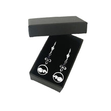 Load image into Gallery viewer, Dachshund Dangle Earrings - Silver and Lapis/Grey Pearl |Dog Circle - WeeShopyDog