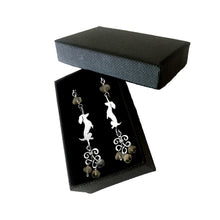 Load image into Gallery viewer, Dachshund Dangle Earrings - Silver and Moonstone - WeeShopyDog