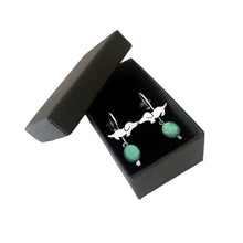 Load image into Gallery viewer, Dachshund Dangle Drop Earrings - Silver and Turquoise |Dog Fun - WeeShopyDog