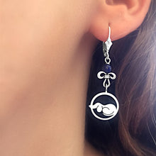 Load image into Gallery viewer, Dachshund Dangle Earrings - Silver and Lapis/Grey Pearl |Dog Circle - WeeShopyDog