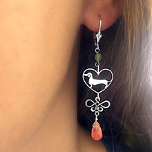 Load image into Gallery viewer, Dachshund Dangle Earrings - Silver and Cherry Quartz |Line Heart - WeeShopyDog