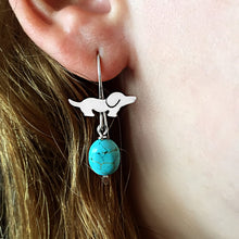 Load image into Gallery viewer, Dachshund Dangle Drop Earrings - Silver and Turquoise |Dog Fun - WeeShopyDog