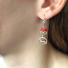 Load image into Gallery viewer, Dachshund Dangle Leverback Earrings - Silver and Coral |Line Oval - WeeShopyDog