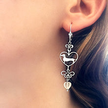 Load image into Gallery viewer, Dachshund Dangle Earrings - Silver and Heart Glass |Line Heart - WeeShopyDog