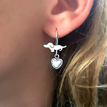 Load image into Gallery viewer, Dachshund Dangle Drop Earrings - Silver |Dog Fun Heart - WeeShopyDog