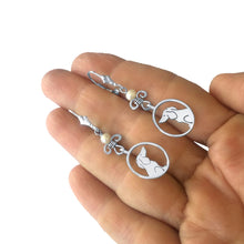 Load image into Gallery viewer, Dachshund Dangle Earrings - Silver and Pearl |Image - WeeShopyDog