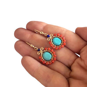 Boho Flower - 14K Gold Filled Turquoise Corals and Lapis - Dangle Drop Earrings - WeeShopyDog