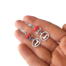 Load image into Gallery viewer, Dachshund Dangle Leverback Earrings - Silver and Coral |Line Oval - WeeShopyDog