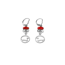 Load image into Gallery viewer, Dachshund Dangle Leverback Earrings - Silver and Coral |Line Oval - WeeShopyDog