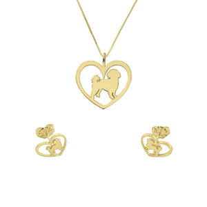 Shih Tzu Necklace and Stud Earrings SET - Silver/14K Gold-Plated |Heart