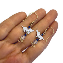 Load image into Gallery viewer, Dachshund Dangle Drop Earrings - 14K Gold Filled, Silver & Opalite |Dog Fun - WeeShopyDog