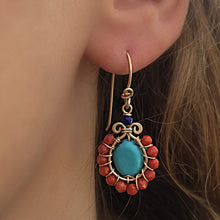 Load image into Gallery viewer, Boho Flower - 14K Gold Filled Turquoise Corals and Lapis - Dangle Drop Earrings - WeeShopyDog