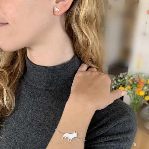 French Bulldog Bracelet and Stud Earrings SET - Silver/14K Gold-Plated |Line - WeeShopyDog