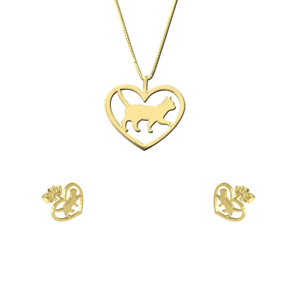 Cat Necklace and Earrings SET - 14K Gold-Plated Stud - WeeShopyDog