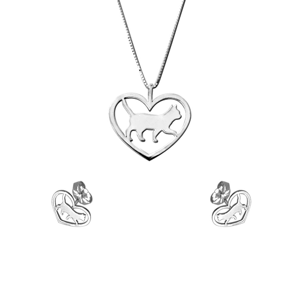 Cat Necklace and Earrings SET - Silver Stud  - WeeShopyDog