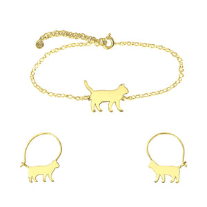 Cat Bracelet and Hoop Earrings SET - 14K Gold-Plated - WeeShopyDog