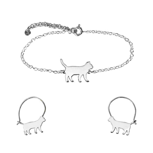 Cat Bracelet and Hoop Earrings SET - Silver - WeeShopyDog