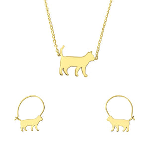 Cat Necklace and Hoop Earrings SET - 14K Gold-Plated - WeeShopyDog