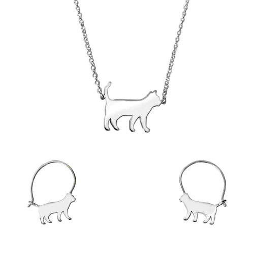 Cat Necklace and Hoop Earrings SET - Silver - WeeShopyDog