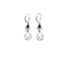 Load image into Gallery viewer, Dachshund Dangle Earrings - Silver and Lapis/Grey Pearl |Dog Circle - WeeShopyDog

