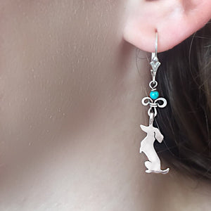Dachshund Dangle Leverback Earrings - Silver Turquoise |Sit-up - WeeShopyDog
