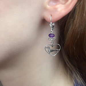 Dachshund Dangle Earrings - Silver and Amethyst/Turquoise |Line Heart - WeeShopyDog