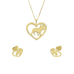 French Bulldog Necklace and Stud Earrings SET - Silver/14K Gold-Plated |Heart