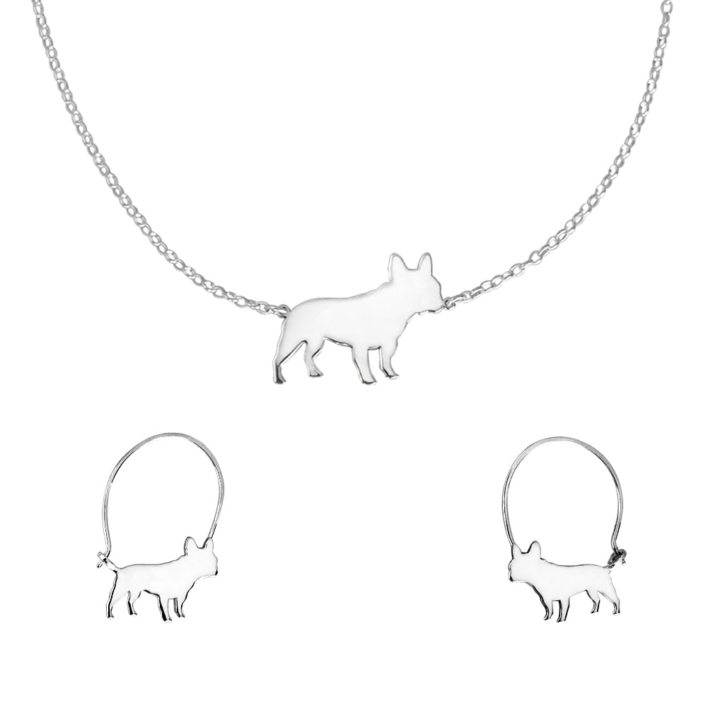 French Bulldog Necklace and Hoop Earrings SET - Silver/14K Gold-Plated |Line