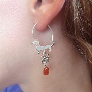 Dachshund Hoop Earrings - Silver and Carnelian |Line - WeeShopyDog