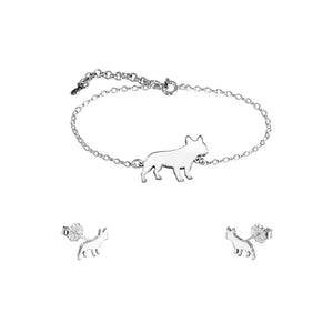French Bulldog Bracelet and Stud Earrings SET - Silver/14K Gold-Plated |Line - WeeShopyDog