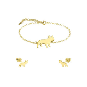 French Bulldog Bracelet and Stud Earrings SET - Silver/14K Gold-Plated |Line - WeeShopyDog