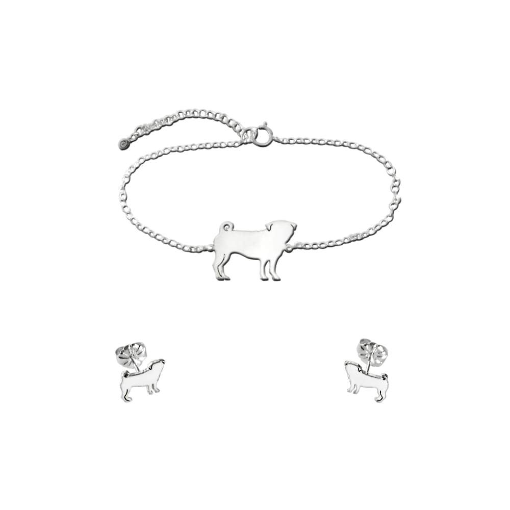 Pug Bracelet and Stud Earrings SET - Silver/14K Gold-Plated |Line - WeeShopyDog