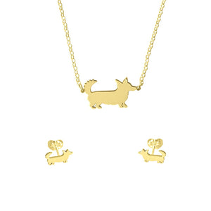 Corgi Necklace and Stud Earrings SET - Silver/14K Gold-Plated |Cardigan