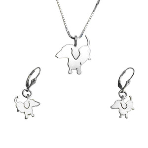 Dachshund Necklace and Dangle Earrings SET - Silver |Up - WeeShopyDog