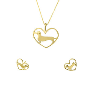 Dachshund Necklace and Stud Earrings SET - Silver/14K Gold-Plated |Line Heart - WeeShopyDog