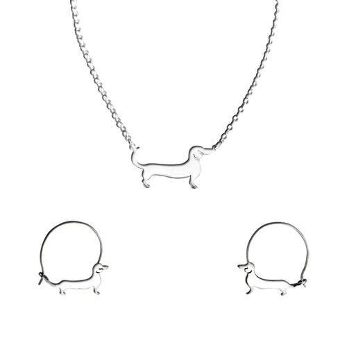 Dachshund Necklace and Hoop Earrings SET - Silver/14K Gold-Plated |Line - WeeShopyDog