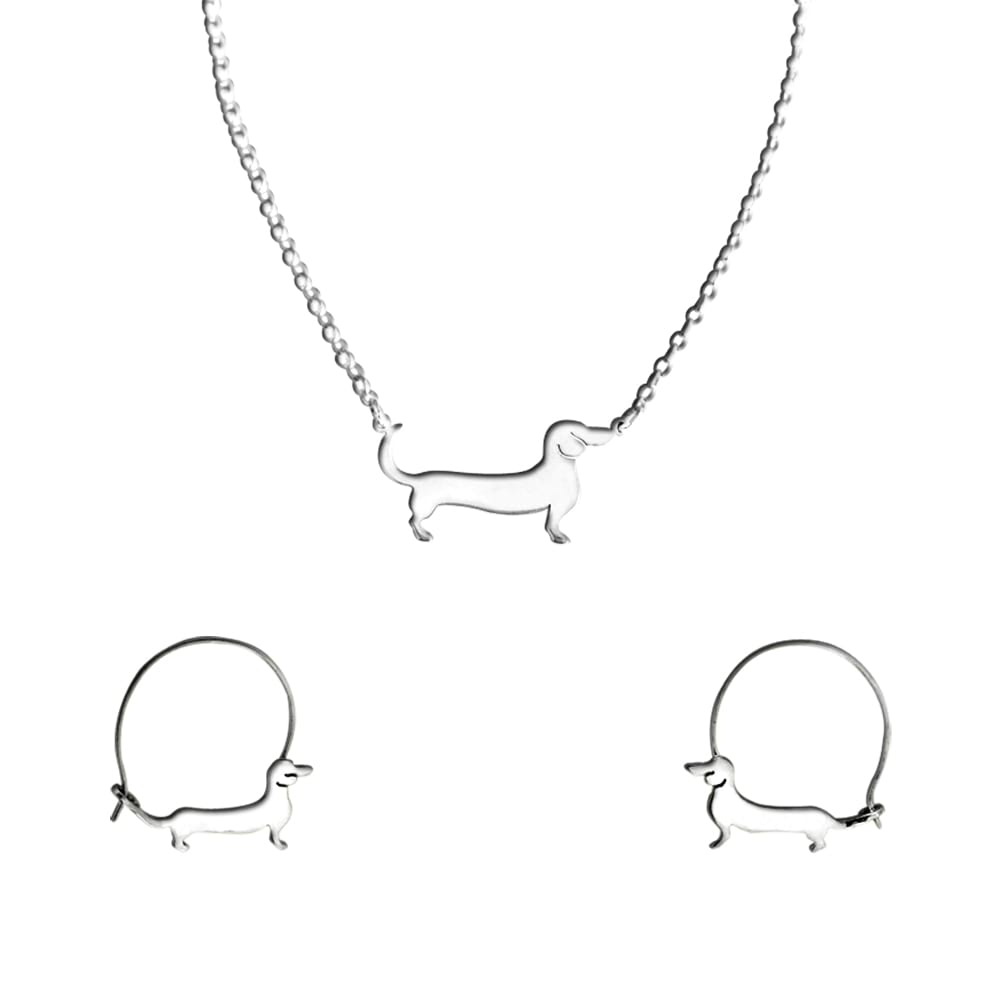 Dachshund Necklace and Hoop Earrings SET - Silver/14K Gold-Plated |Line - WeeShopyDog