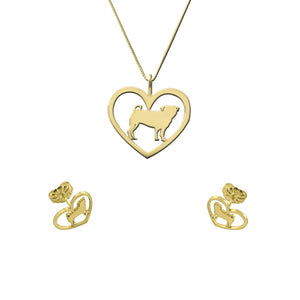 Pug Necklace and Stud Earrings SET - Silver/14K Gold-Plated |Heart