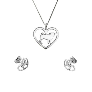 Pug Necklace and Stud Earrings SET - Silver/14K Gold-Plated |Heart