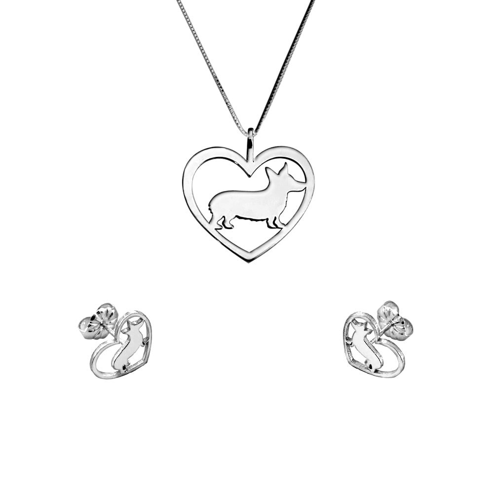 Corgi Necklace and Stud Earrings SET - Silver/14K Gold-Plated |Heart