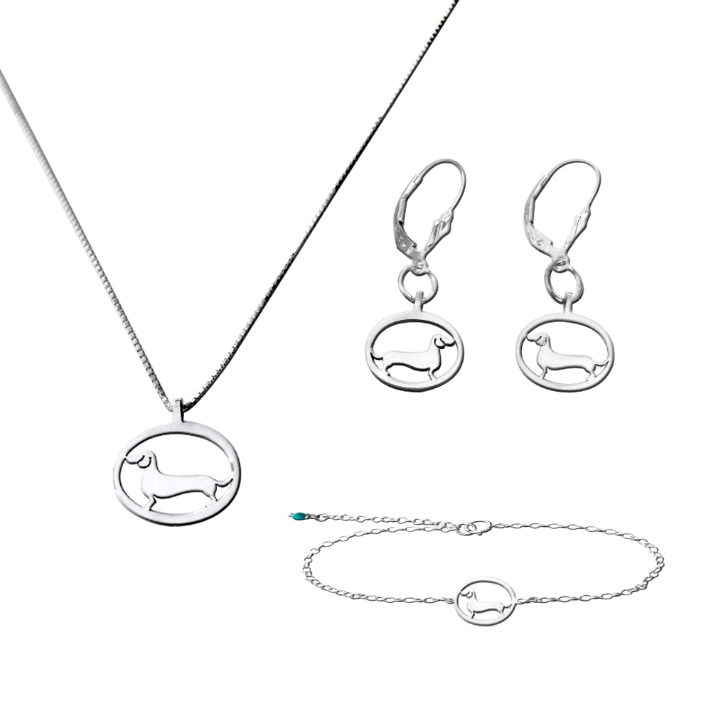 Dachshund Necklace, Bracelet and Dangle Earrings SET - Silver |Line Oval - WeeShopyDog