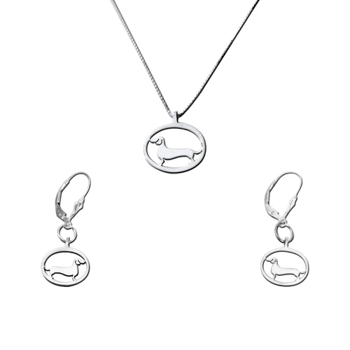 Dachshund Necklace and Dangle Earrings SET - Silver |Line Oval - WeeShopyDog